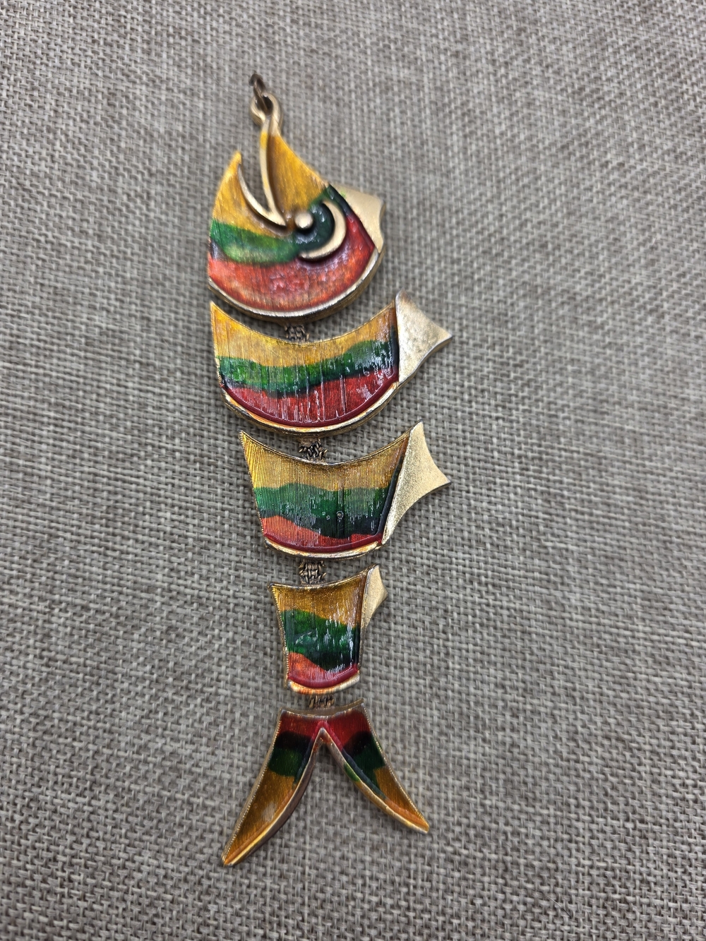 Vintage MCM Articulated Gold Green Red Enamel Fish Pendant